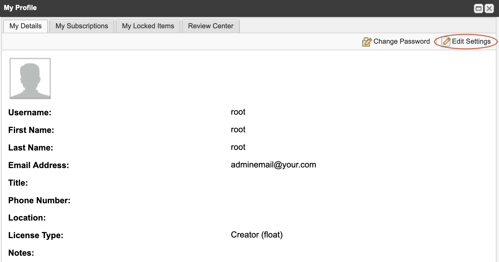 My profile page for root with Edit Settings option highlighted.