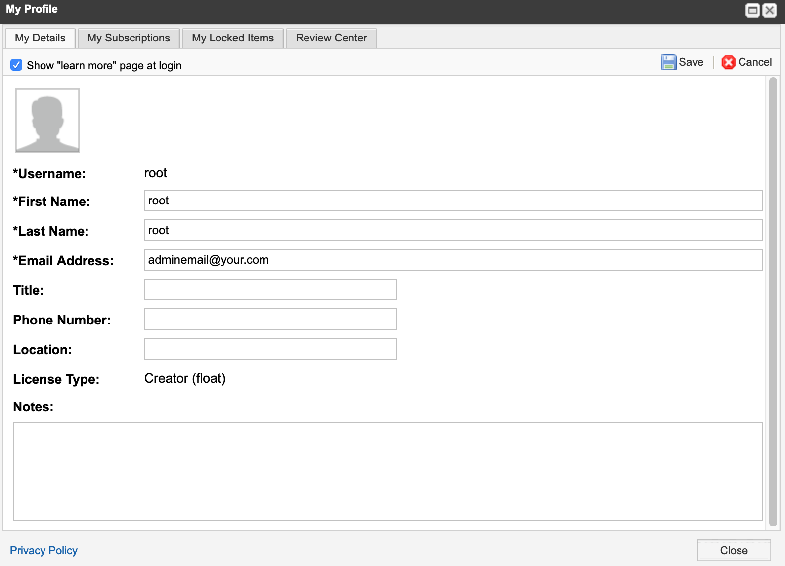 My Profile page for root, with the My Details tab selected.