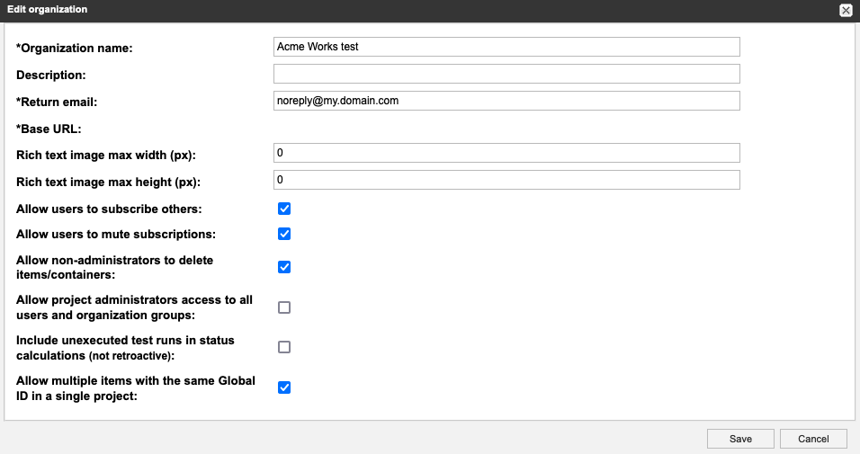 The Edit organization page includes fields and options to define or change an organization's details.