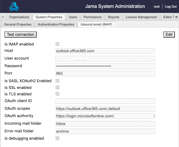 The Jama System Administration page for root shows the System Properties tab and its settings.
