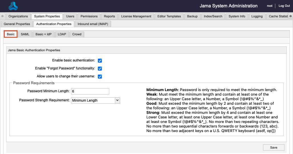The Jama System Administration page for root shows the Authentication Properties/Basic tab and its settings.