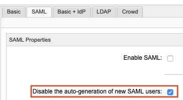 The SAML tab shows the Disable option is selected.