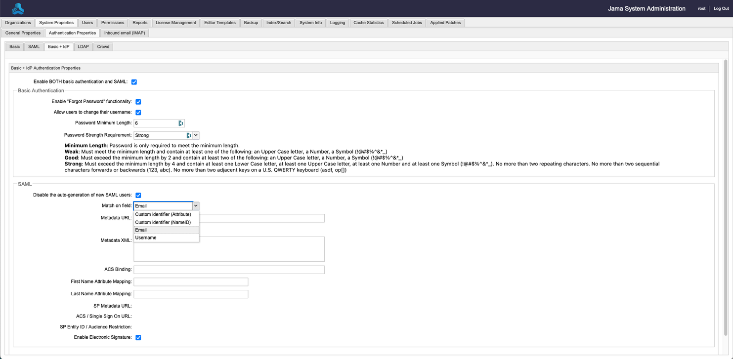 The Jama System Administration page for root shows the Authentication Properties/Basic+idP tab and its settings.
