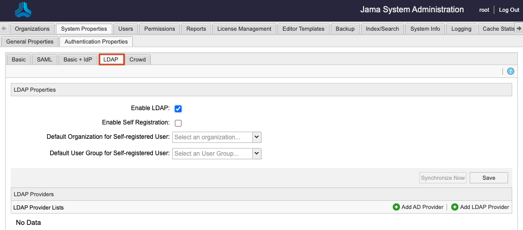 The Jama System Administration page for root shows the Authentication Properties/LDAP tab and its settings.