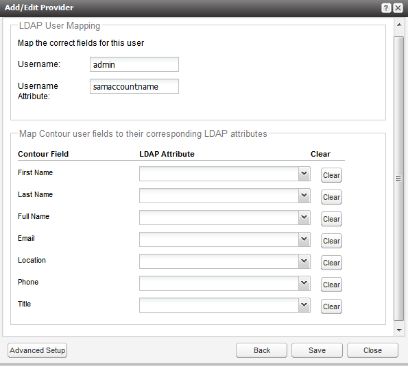 The Add/Edit Provider displays the Map Contour user fields that correspond to LDAP attributes.