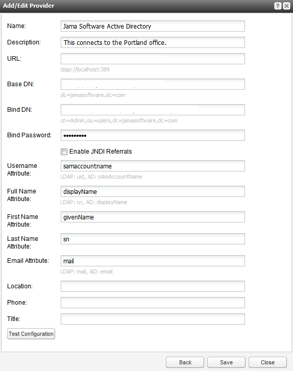 The Advanced setup page for your provider information includes fields and options for you to configure.