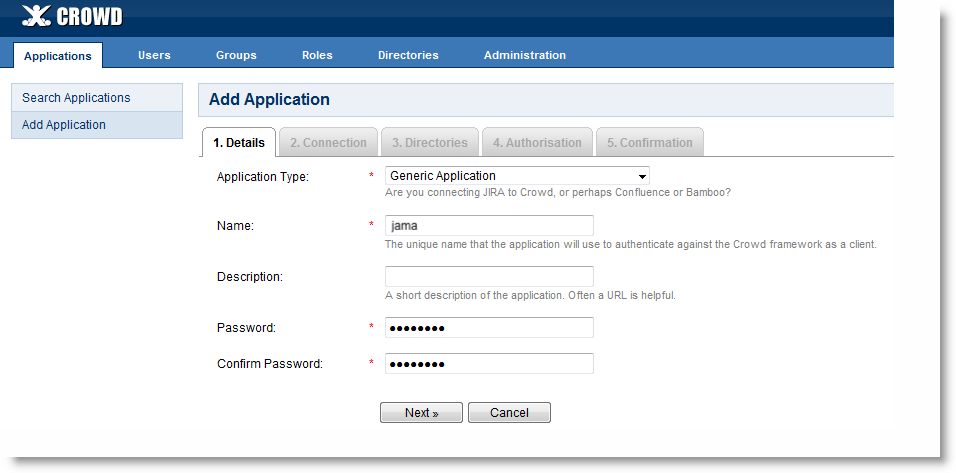 The Add Applications page for Crowd authentication displays the Details tab and its settings.