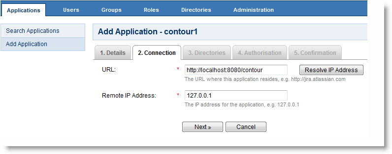 The Add Applications page for Crowd authentication displays the Connections tab and its settings.