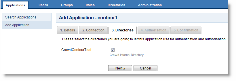 The Add Applications page for Crowd authentication displays the Directories tab and its settings.