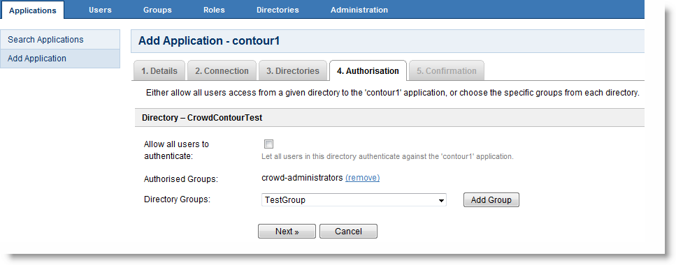 The Add Applications page for Crowd authentication displays the Authorisation tab and its settings.