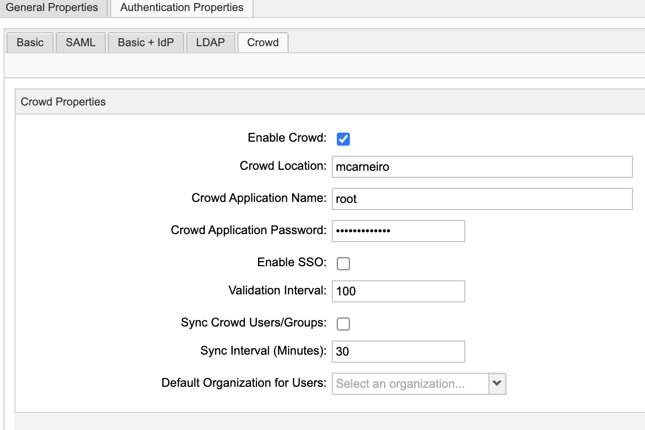 The Authentication Properties page includes the Crowd Properties settings.