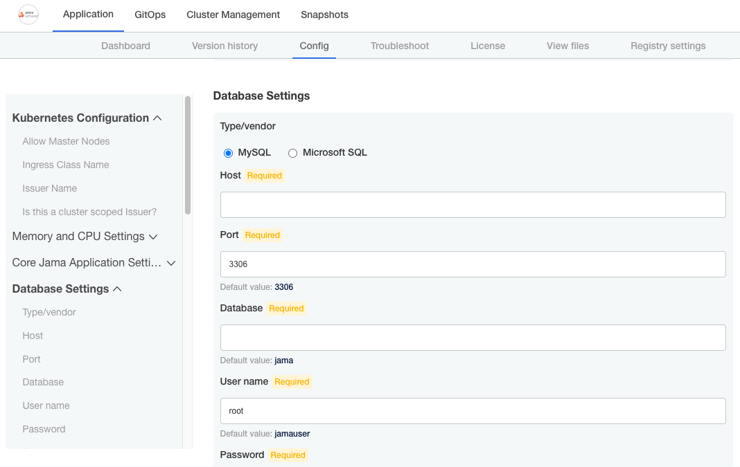 The Database Settings page includes all fields and options to configure your database.