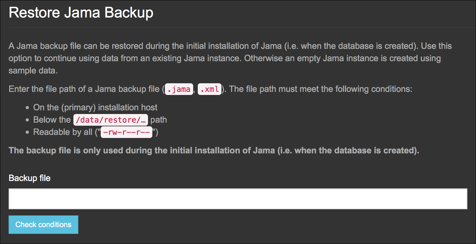 The Restore Jama Backup page displays a field to enter the file path for your backup.