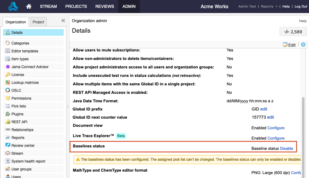 The Admin Details page shows that the Baselines status option is highlighted.