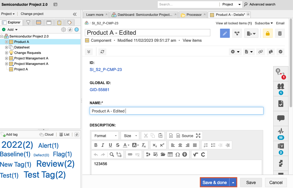 The Edited details page for the selected project displays all options that can be edited, and the Save & close button selected.