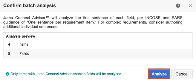 The Analyze button is highlighted on the Confirm batch analysis window.