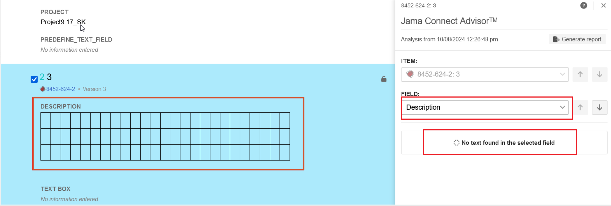 A table is highlighted and the Jama Connect Advisor report displays an empty Description field and an error message that are highlighted.