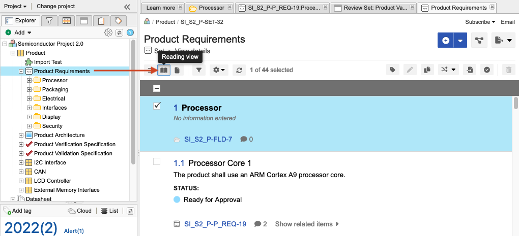 The Product Requirements page includes the Reading View icon, which displays rows of information in the details panel.