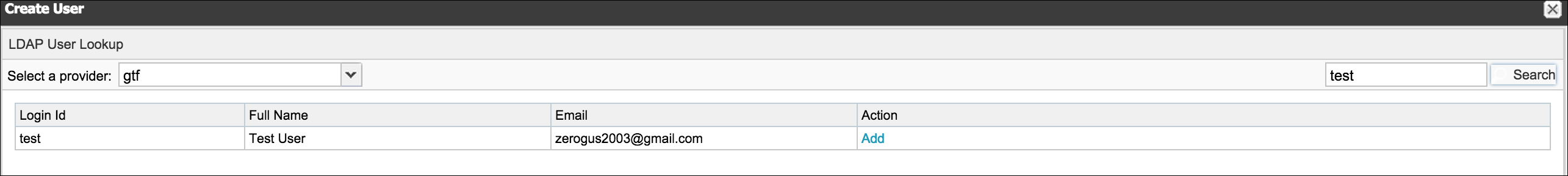 The Create User page shows the Add action is highlighted for a listed user.