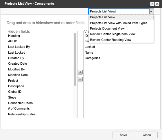 The drop-down list is expanded on the Projects List View - Block Requirements window.