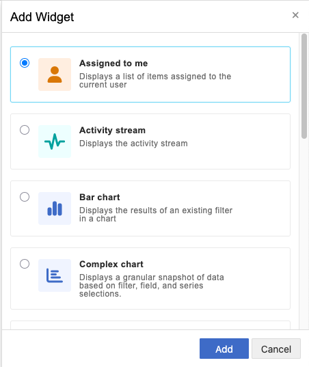 The window includes all available widgets you can add to your dashboard.