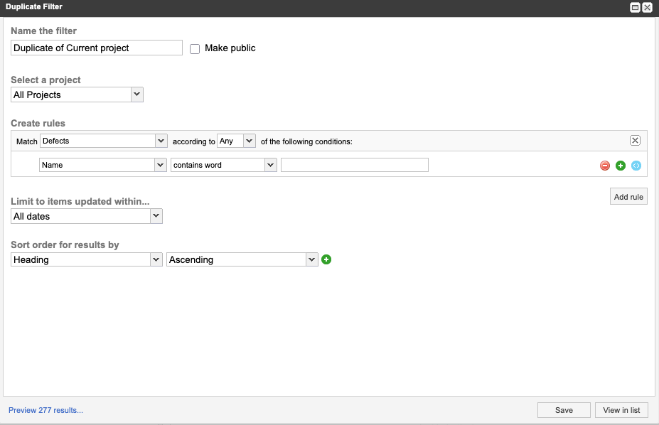 Duplicate Filter options.