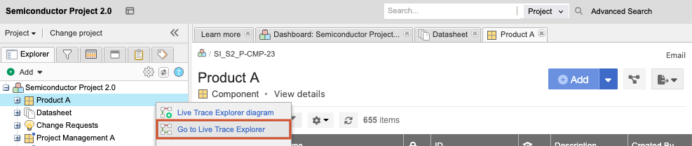 The selected project displays the Go to Live Trace Explorer action.