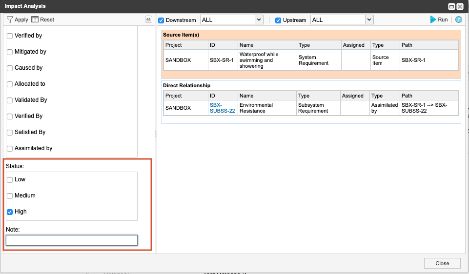 Status and note are visible in the Impact Analysis page.