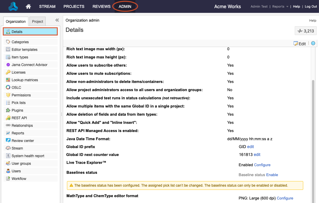 The UI shows Admin > Organization > Details options selected.