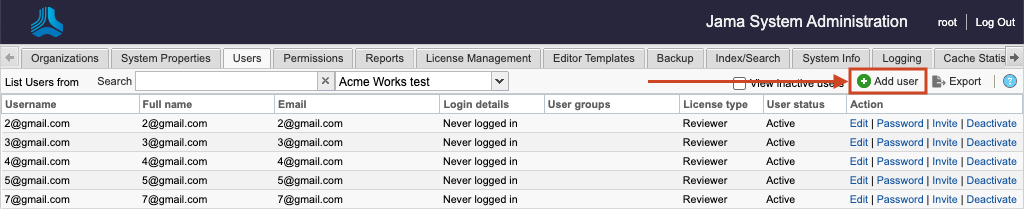 The Users tab shows that the Add user button is highlighted.