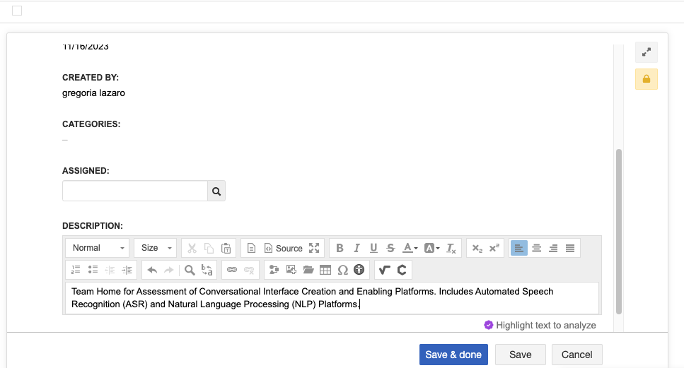 In Document View, text is displayed for editing and below it, the option Highlight text to analyze is selected.
