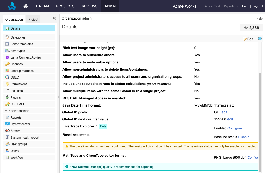 The Details page for an example Organization displays the list of available options to define your organization.