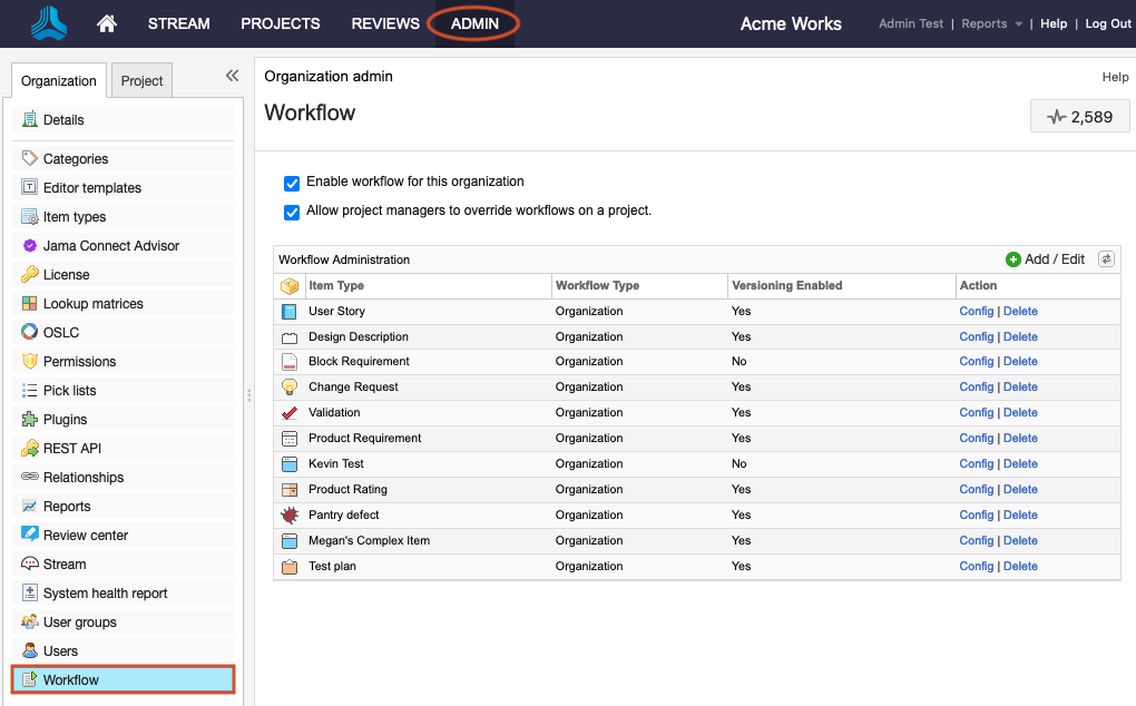 The Admin button is highlighted and the details panel displays the Workflow page.