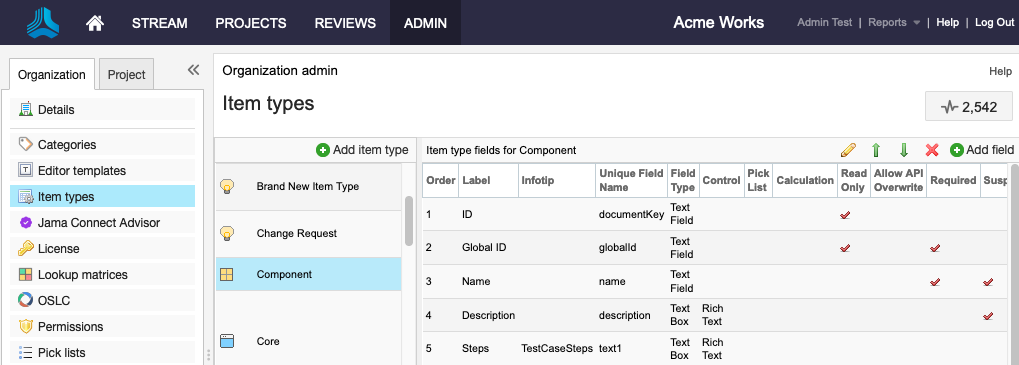 The Item types page displays a table with the definitions for the selected item type (Component).