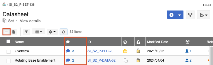 In List View, select the speech bubble to view item-level collaboration stream.