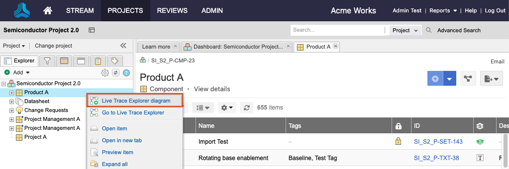 The project tree shows a selected project and the option Live Trace Explorer diagram is selected.