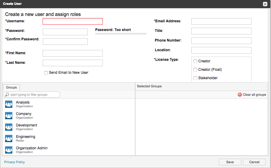 The Create User page displays the fields for creating a user and assigning a role.