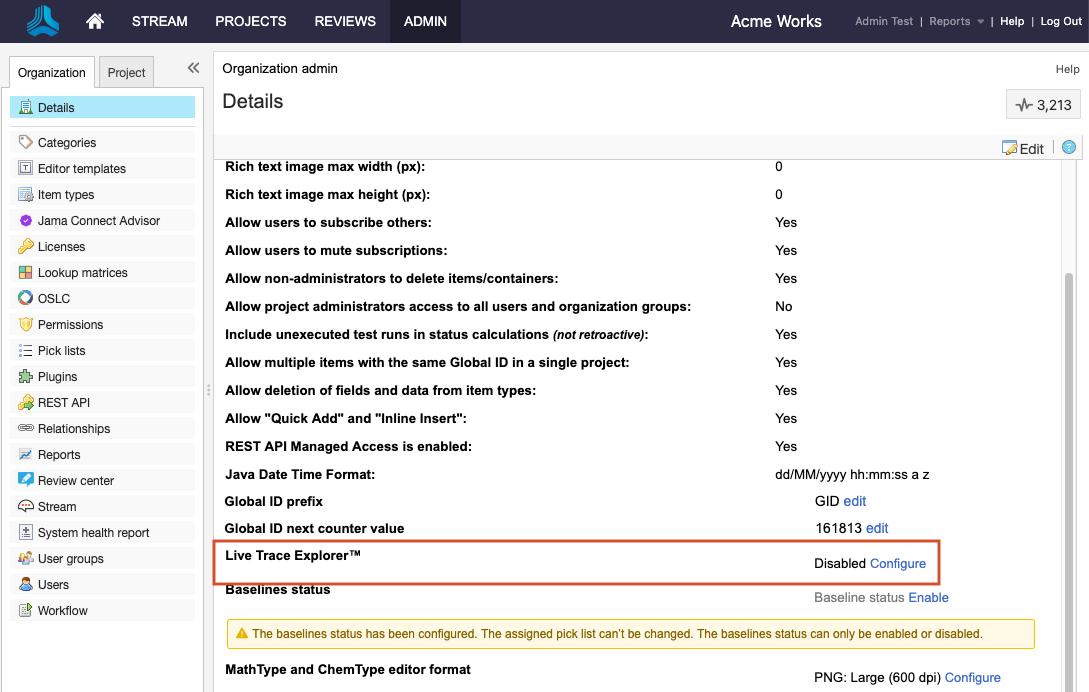 The Details panel shows Live Trace Explorer selected, its status is Disabled, and the Configure option available.
