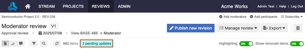 Blue status bar of a review indicates pending updates.