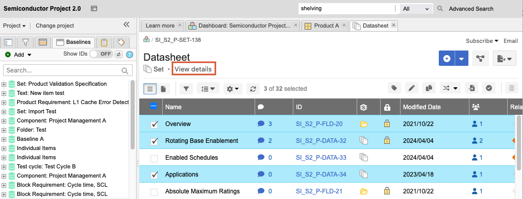 In the Baselines tab of the Explorer Tree, select a baseline then select View details in the center panel.
