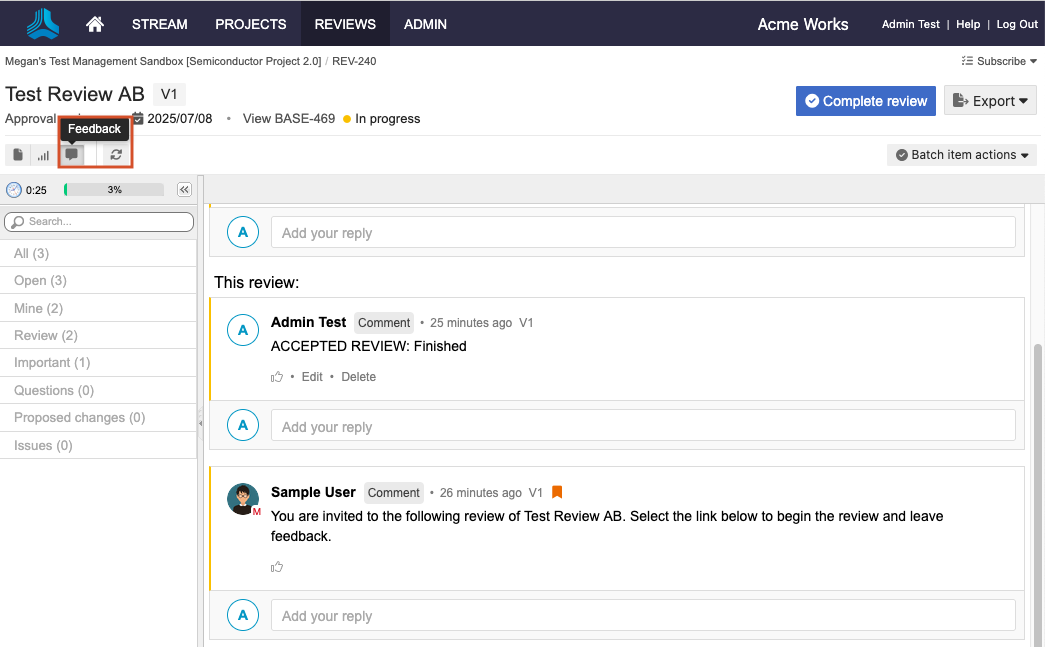 Select Feedback to view a review's comments.