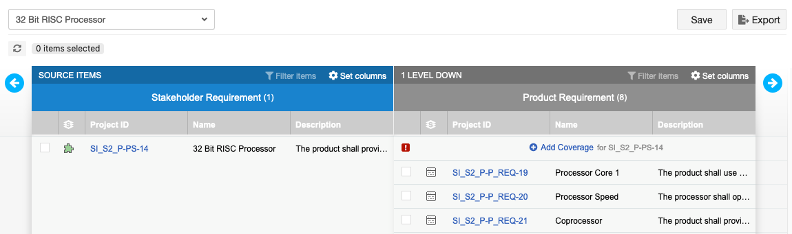 The Trace View UI includes two columns: Source Items and 1 Level Down.
