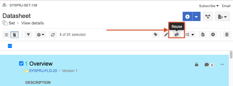 The details panel for a selected item shows the Reuse icon highlighted in the toolbar.