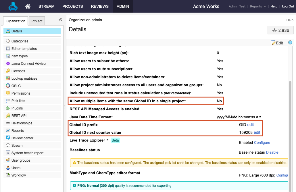 The Admin Details page lists options, with three options highlighted.