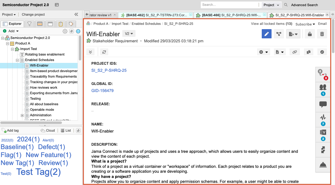 The baselined item is displayed in Single Item View in the details panel.