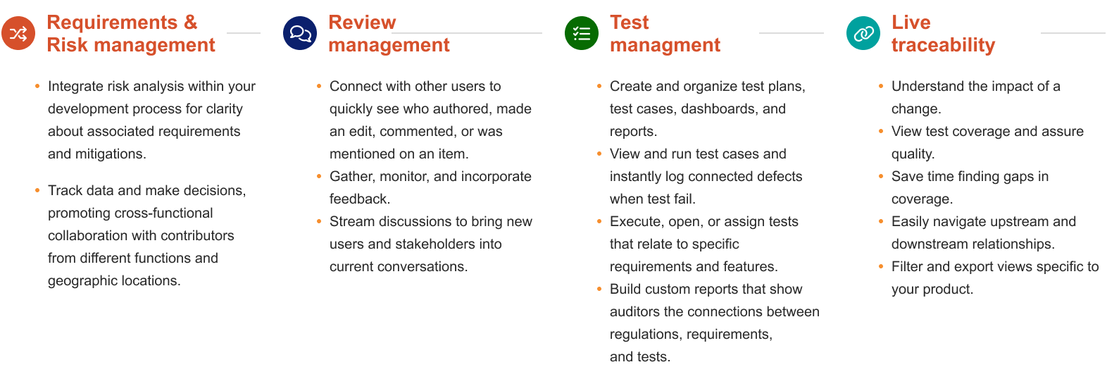 Image includes four columns, each describing a major feature of Jama Connect: Requirements & Risk management; Review management; Test management; and Live traceability.