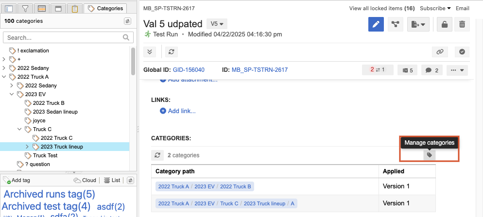 Select Manage categories from Single Item View.