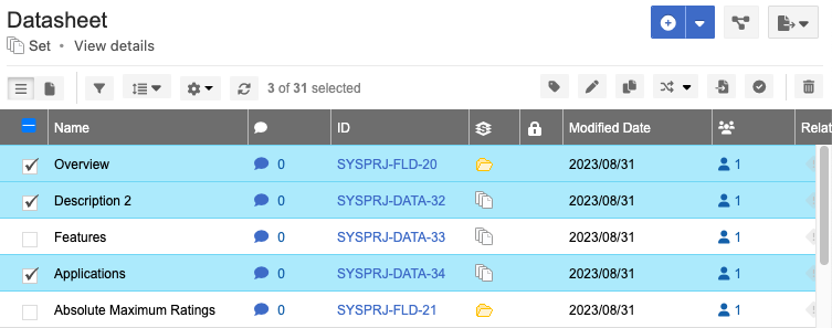 The UI shows a list of items in table form.