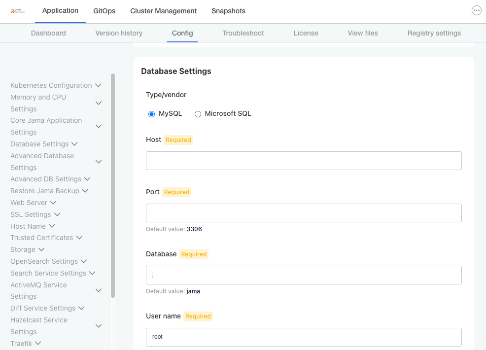 Image shows Database settings with Host, Port, Database (jama) user name (jamauser) and password.