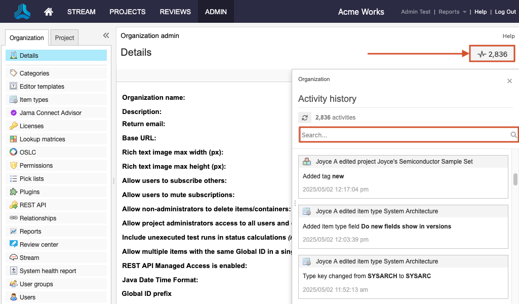 Admin Activity Stream shows that the Activity Stream button and Search field are highlighted.